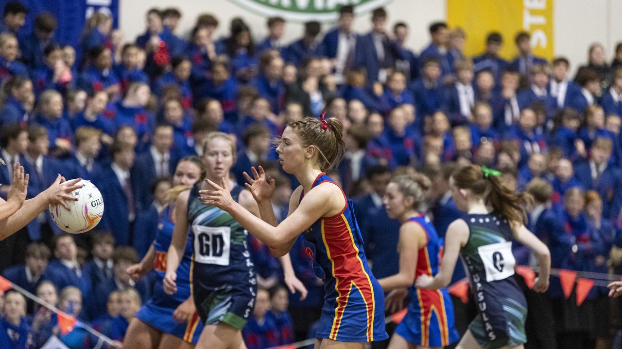 Annabelle Savage of Downlands Second VII against St Ursula's Senior B in Merici-Chevalier Cup netball at Salo Centre, Friday, July 19, 2024. Picture: Kevin Farmer