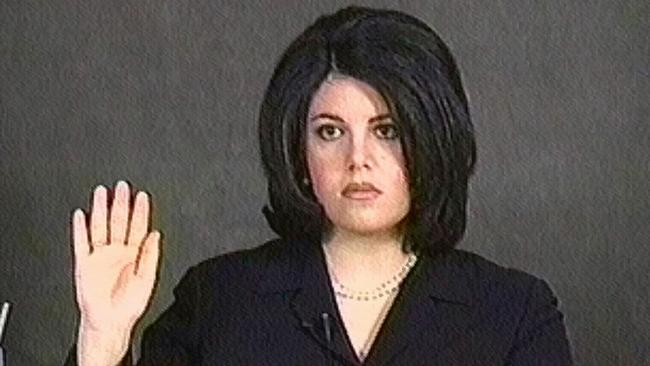 Monica Lewinsky being sworn in during her videotaped deposition in impeachment trial of President Bill Clinton Feb 1999. 