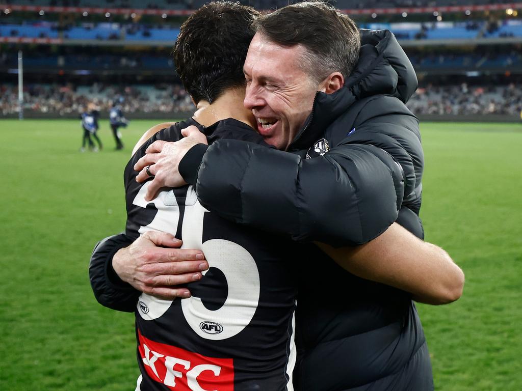 Nick Daicos and Craig McRae embrace after Collingwood’s win. (Photo by Michael Willson/AFL Photos via Getty Images)