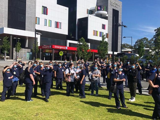 Blacktown Hospital nurses and midwives at earlier strike action in 2020 over chronic understaffing.