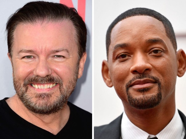 A split image of Ricky Gervais and Will Smith. Picture: AFP