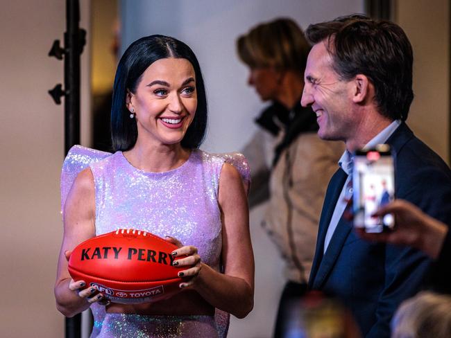 Katy Perry joked that Pesto told her who would win the AFL Grand Final. Picture: Nadir Kinani