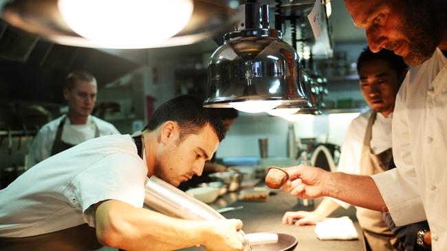 Creative force: Victor Moya and Alessandro Pavoni plate up a dish at Ormeggio.