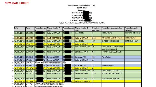 ICAC document showing the phone records of Kaila Murnain, Sam Dastyari and Ernest Wong on 16 September 2016 when an alleged clandestine meeting was held outside NSW State Parliament. Picture: Supplied