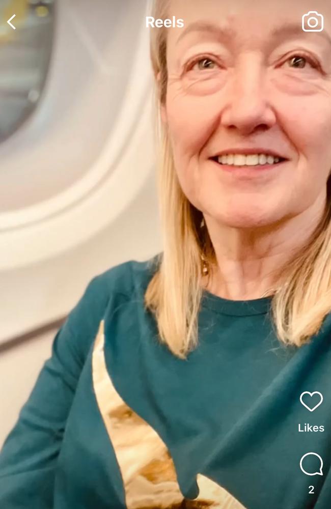 Louise Staley’s social post in Qantas PJs.