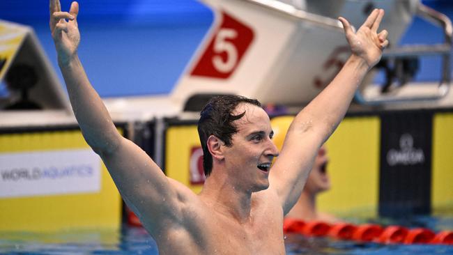 Cam McEvoy celebrates winning 50m freestyle gold at age 29. (Photo by Philip FONG / AFP)