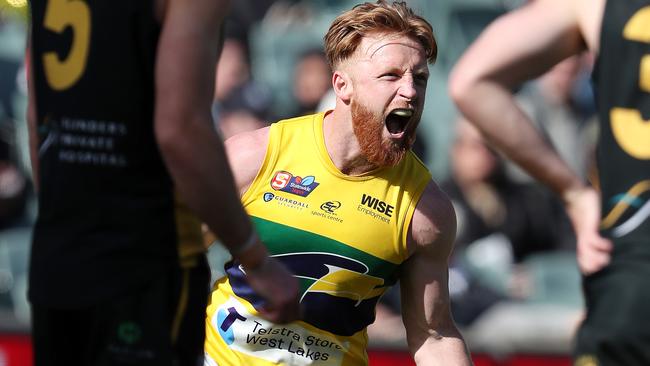 Angus Poole celebrates a goal in the 2021 SANFL grand final. Picture: Sarah Reed