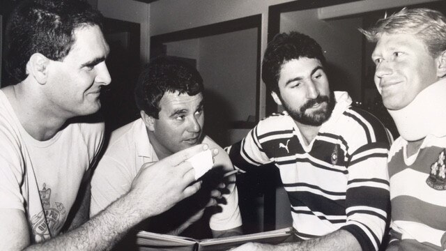 Peter Grigg in the final year of his career, 1987, alongside a young Rod McCall, coach John Connolly and Brothers teammate Jason Woodward.