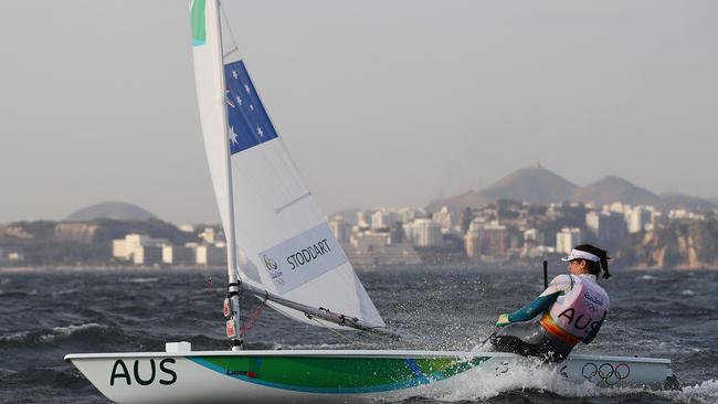 Australia's Ashley Stoddart on the water as a change comes through and postpones the Laser Radial Women Medal Race at the Rio 2016 Olympic Games. Picture. Brett Costello