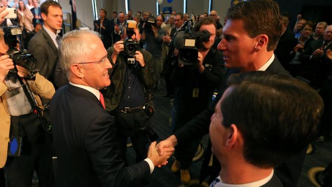 Prime Minister Malcolm Turnbull greets Senator Cory Bernadi after an election rally speech during the campaign. Picture: Lyndon Mechielsen