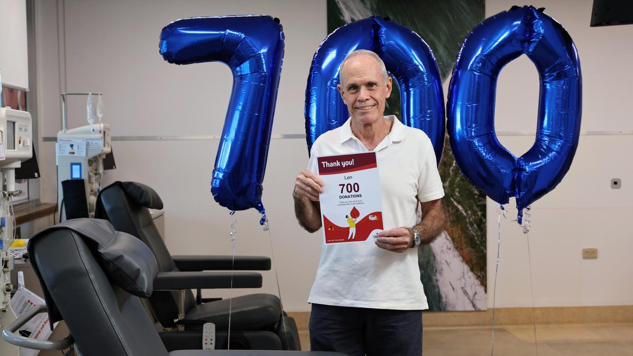 Len Bennett reached the milestone of 700 donations of blood and plasma for the Australian Red Cross Lifeblood service at the Cairns North Community Health centre on Monday. Picture: Brendan Radke