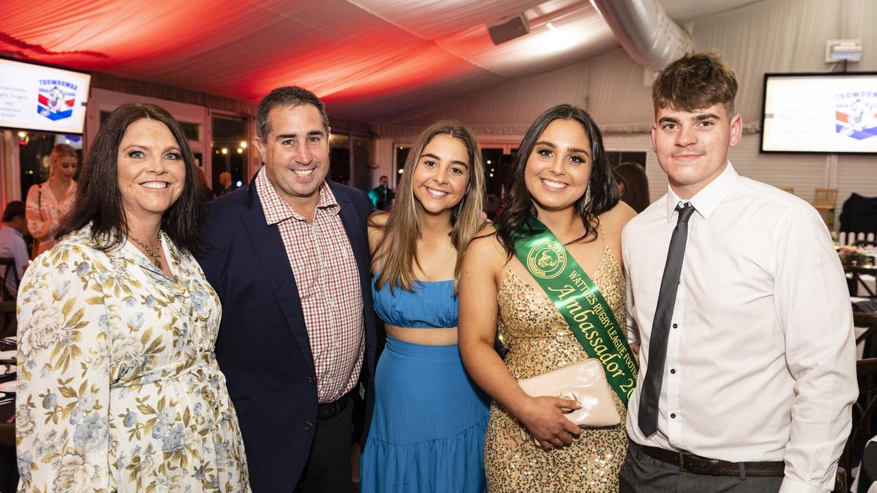 At the Toowoomba Rugby League gala presentation night 2022 are (from left) Amy Duggan, Luke Duggan, Maddison Duggan, Wattles ambassador Emily Duggan and John Lazzaroni at Clive Berghofer Grande Atrium Clifford Park, Friday, September 9, 2022. Picture: Kevin Farmer