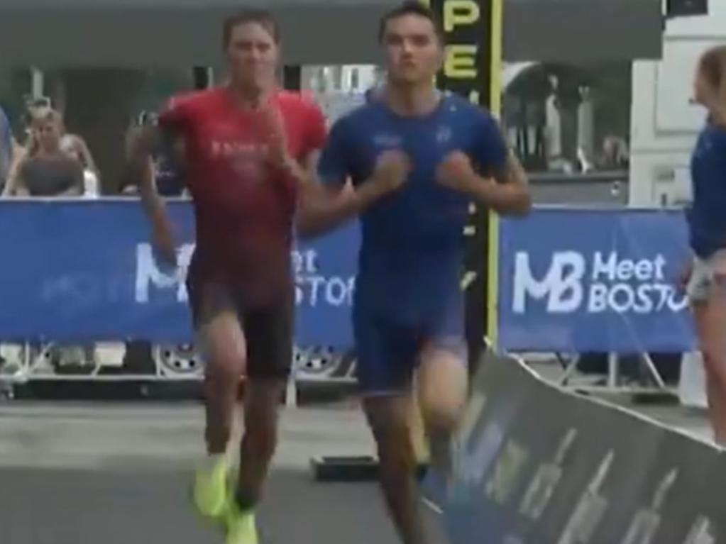 He began celebrating before the race had finished and ran over the line with his arms crossed.