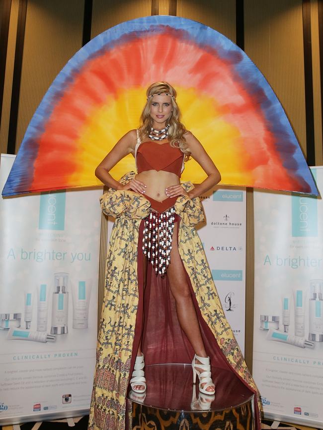 Tegan Martin in her Aboriginal inspired national costume in 2014. Picture: Mark Metcalfe/Getty Images