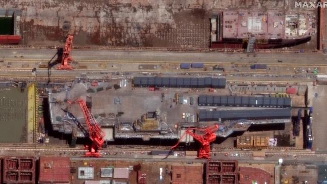 The Fujian, China's third aircraft carrier, under construction at the Jiangnan shipyards in Shanghai.