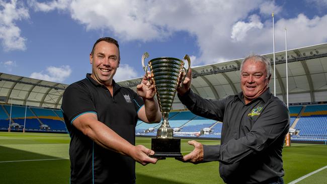 Rugby League Gold Coast have secured CBUS Super Stadium for the 2020 Grand Final. Kristian Blundell, Cbus Super Stadium manger, and Rugby League Gold Coast chair Peter Daley inside the stadium. Picture: Jerad Williams