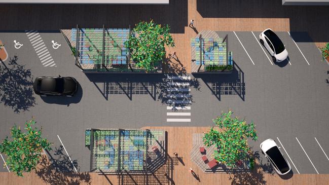 From above, parking spots and greenery. Supplied.