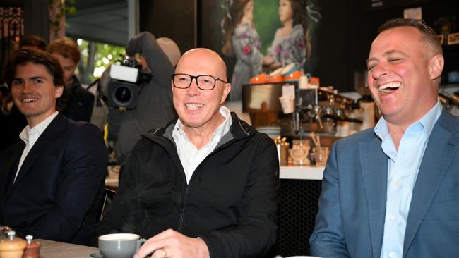 Opposition leader Peter Dutton was all smiles as he enjoyed an early morning coffee with Liberal candidate for Goldstein Tim Wilson at a cafe in Melbourne. (Photo by Dan Peled/Getty Images)