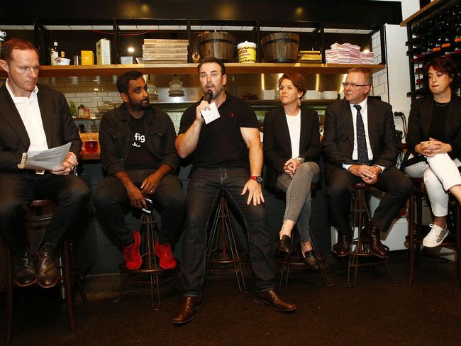 Cr Byrne with panellists Night Time Industries Association Chair Mike Rodrigues, Cricketers Arms Hotel owner Tim Condon, Solotel CEO Justine Baker, Grayndler Federal MP Anthony Albanese and Balmain/Rozelle Chamber of Commerce president Kate Moriarty.