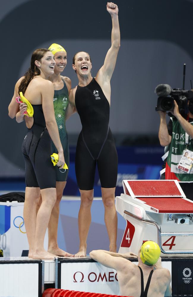 Our Aussie team of Meg Harris, Emma McKeon, Bronte Campbell and Cate Campbell celebrate after winning gold in the Women’s 4 x 100m freestyle relay. Picture: Alex Coppel