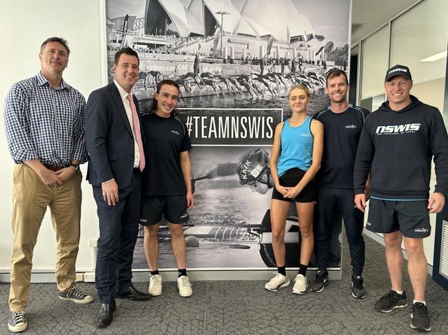 The opening of the new high performance centre at Narrabeen for Australia’s leading triathletes and canoe sprint paddlers. (Left to right) NSW Institute of Sport High Performance Director, Barrie-Jon Mather, State MP for Wakehurst, Michael Regan, triathlete Jayden Schofield, triathlete Chloe Bateup, NSWIS Triathlon Head Coach, Liam O'Neill and NSWIS Canoe Sprint Head Coach, Jake Michael. Picture: NSW Institute of Sport