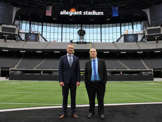 NRL CEO Andrew Abdo and ARLC chair Peter V'landys at Allegiant Stadium in Las Vegas. Credit: Supplied.