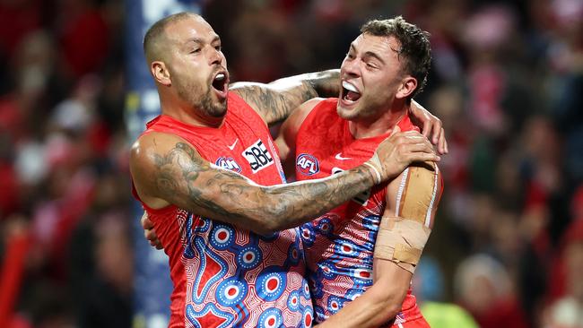 Swans Will Hayward and Lance Franklin celebrate the win. Picture: Mark Kolbe/AFL Photos