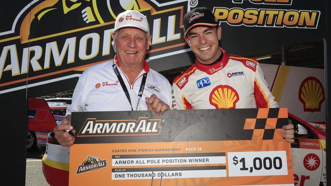 Scott McLaughlin with Dick Johnson after taking his 11th pole of 2017. Pic: Mark Horsburgh