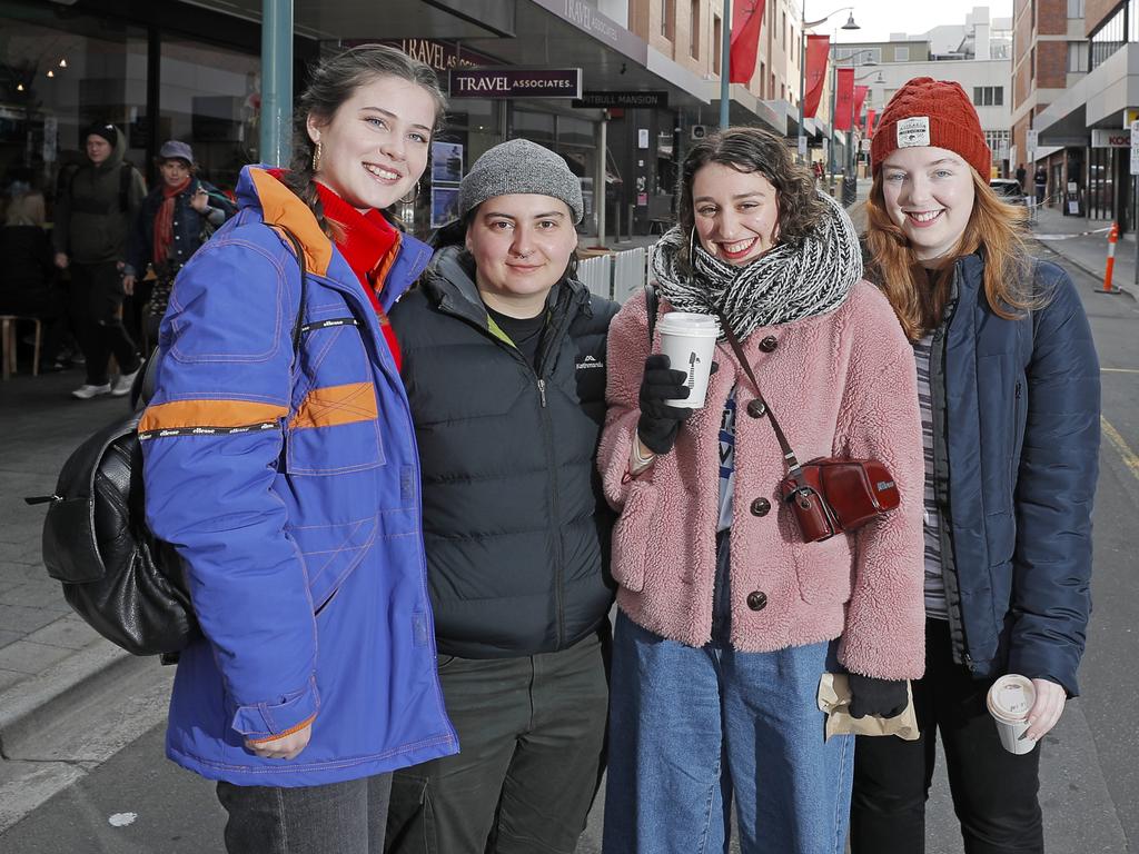 From left, Alison Abineri, of Adelaide, Rini Handakaris, of Kalymnos, Greece, Annie Comelli, of Adelaide, and Eliza Knowles, of Adelaide, all dressed for Dark Mofo. Picture: PATRICK GEE