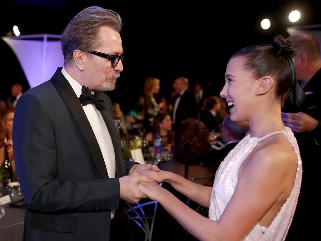 Gary Oldman and Millie Bobby Brown attend the 24th Annual Screen Actors Guild Awards at The Shrine Auditorium on January 21, 2018 in Los Angeles, California. Picture: Getty