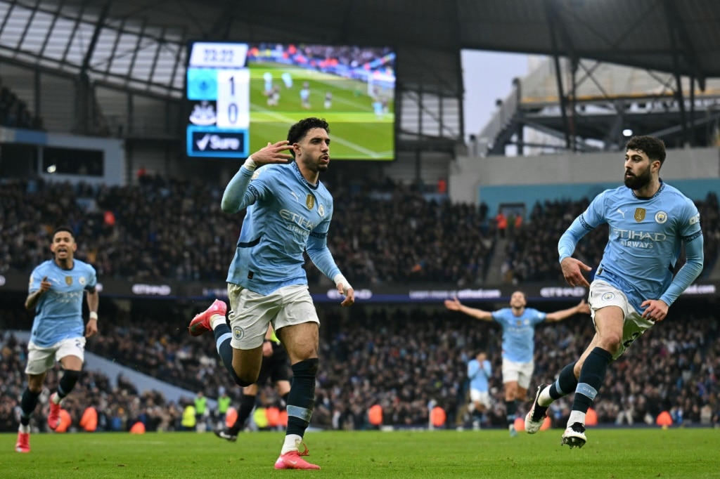 Omar Marmoush (centre) scored a hat-trick in Man City's 4-0 win over Newcastle