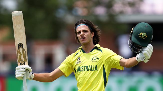 Sam Konstas celebrates after reaching a century at the ICC U19 Men's Cricket World Cup. Picture: Getty Images