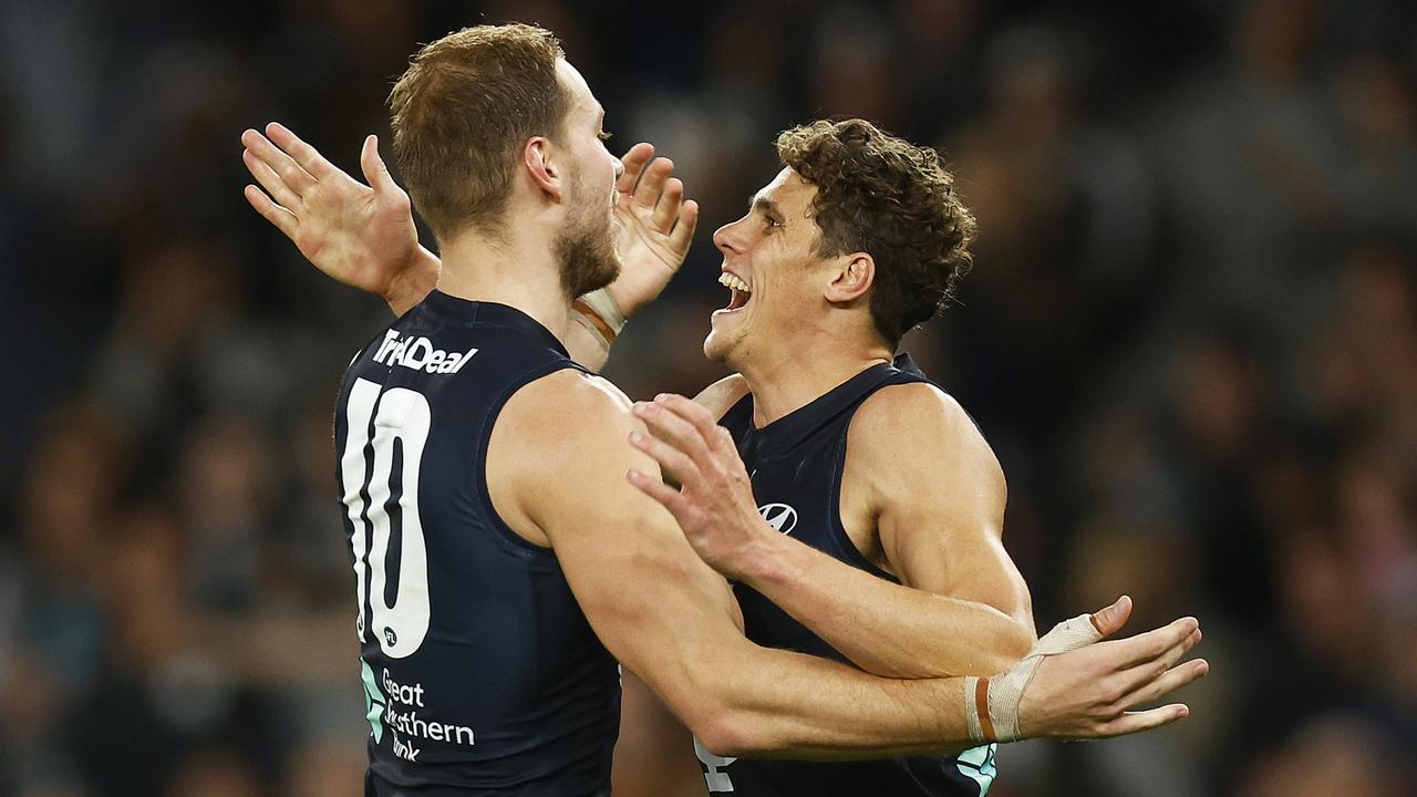 Star Carlton forwards Harry McKay and Charlie Curnow celebrate together. Picture: Daniel Pockett/Getty Images