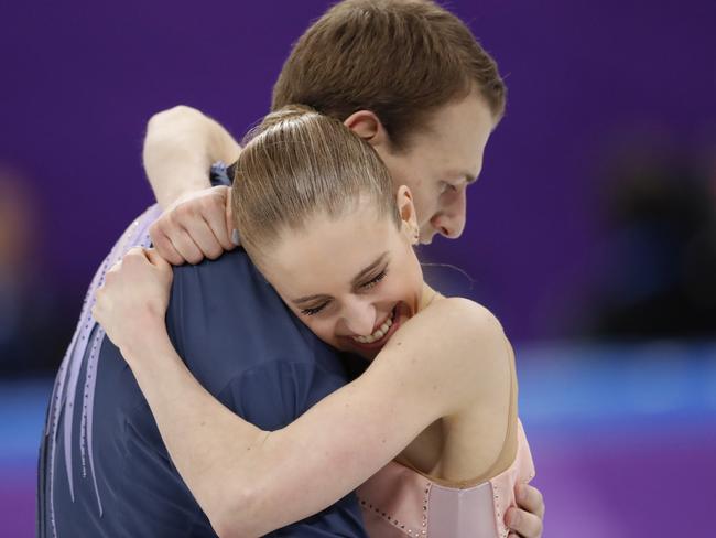 Paige Conners and Evgeni Krasnopolski of Israel react after their performance in the pair figure skating short program in the Gangneung Ice Arena at the 2018 Winter Olympics in Gangneung, South Korea, Wednesday, Feb. 14, 2018. Picture: AP