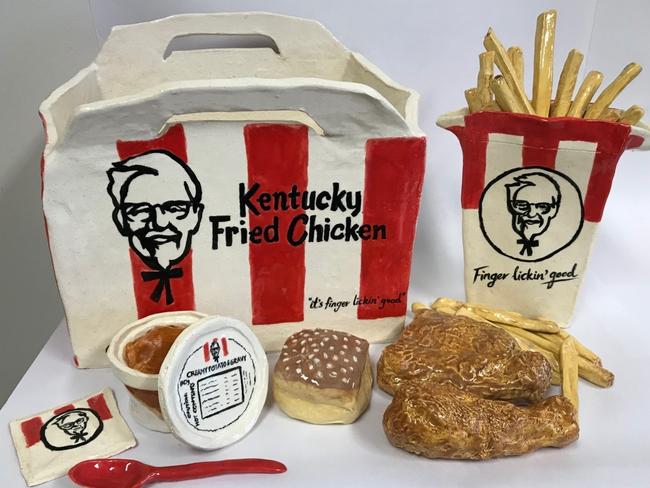 Brett Ferguson, of Frenchs Forest, created a replica ceramic KFC meal which is on display at Warringah Mall Library. Picture: Supplied.