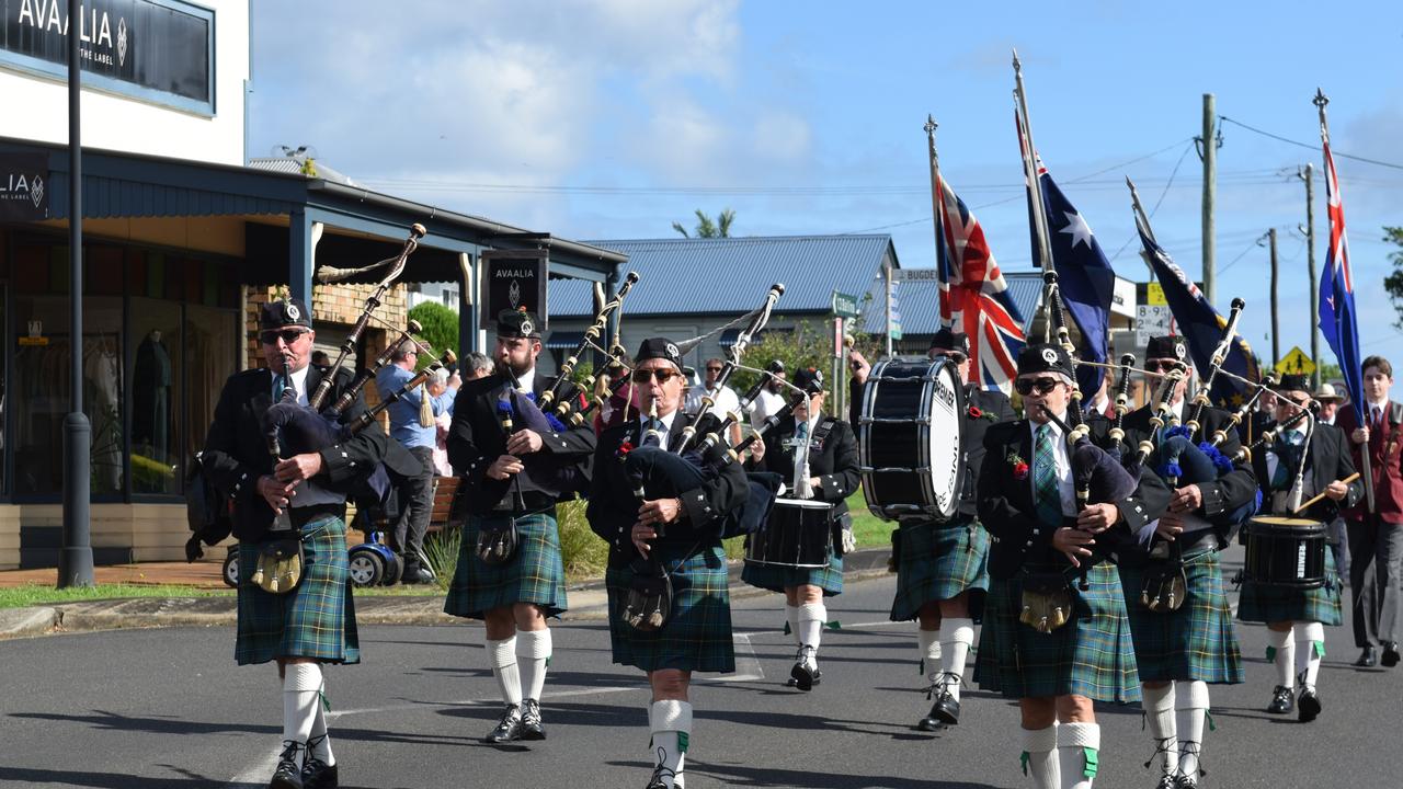 The Ballina Pipe band leads the march during the ANZAC DAY parade on Main Street in Alstonville Picture: Nicholas Rupolo.