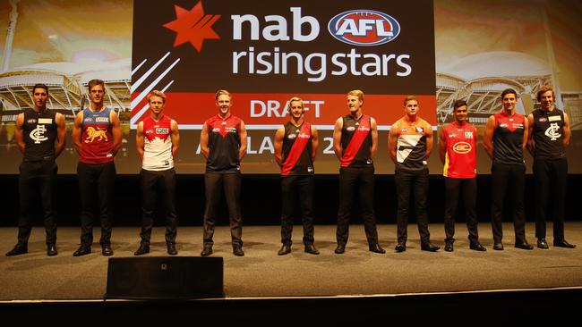 The 2015 draft top 10 (from left) Jacob Weitering, Josh Schache, Callum Mills, Clayton Oliver, Darcy Parish, Aaron Francis, Jacob Hopper, Callum Ah Chee, Sam Weideman and Harry McKay. Picture: Simon Cross