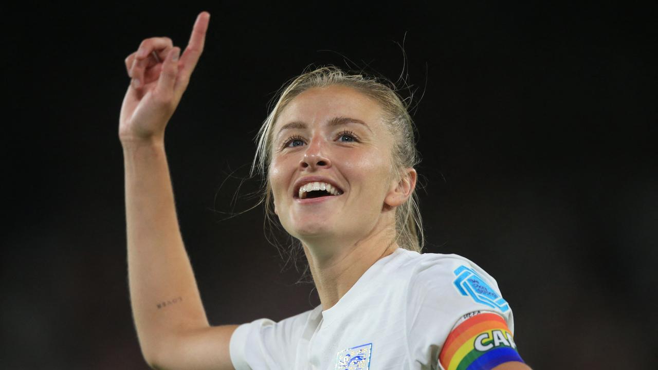 England midfielder Leah Williamson celebrates after their Women's Euro 2022 semi-final victory against Sweden at the Bramall Lane stadium, in Sheffield, on July 26, 2022. (Photo by Lindsey Parnaby / AFP)