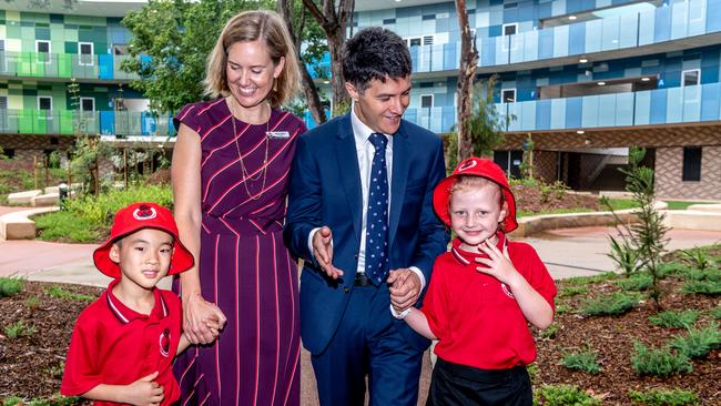 Smalls Road Public School principal Megan Gibbons with Declan and Ellie from Kindergarten and Ryde MP Victor. Picture: Monique Harmer