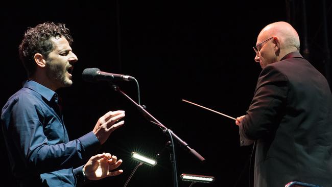 Lior and conductor Nigel Westlake performing 'Compassion' with the Adelaide Symphony Orchestra at Womadelaide 2021. Picture: Rob Sferco