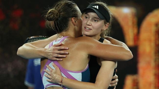 Aryna Sabalenka and Elena Rybakina embrace after the women’s final. Picture: Getty Images