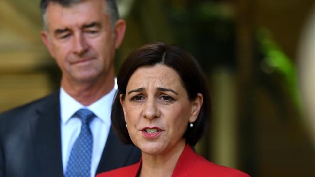 Newly-elected Queensland Leader of the Opposition Deb Frecklington (right) and her deputy Tim Manders attend a press conference at Parliament House in Brisbane, Friday, December 15, 2017. (AAP Image/Dan Peled)