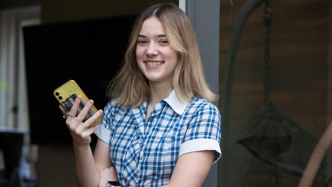 Sophie Bulmer, 17, uses her phone to help her study. Picture: Jason Edwards