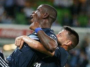 A -League. Round 22. Melbourne City vs Melbourne Victory at AAMI Park. Melbourne VictoryÕs Leroy George celebrates his 2nd half goal   . Pic: Michael Klein