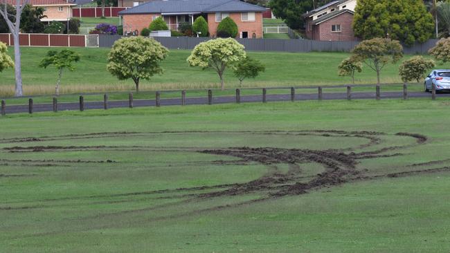 Hoons left deep tyre tracks from a series of doughnuts at Terry West Athletics Field in Barnier Park, Junction Hill on Friday night, 19th March, 2021. Photo Bill North / The Daily Examiner