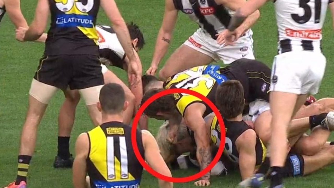 Richmond defender Rhyan Mansell could be facing Match Review Officer scrutiny after a “cheap shot” on Collingwood young gun Jack Ginnivan during Saturday afternoon’s AFL clash at the MCG.