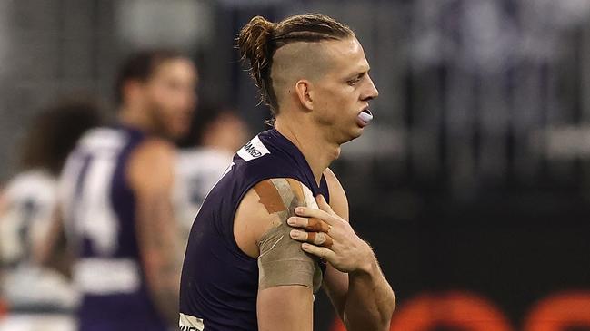 Nat Fyfe’s 2021 season was cut short by his shoulder problems. Picture: Paul Kane/Getty Images