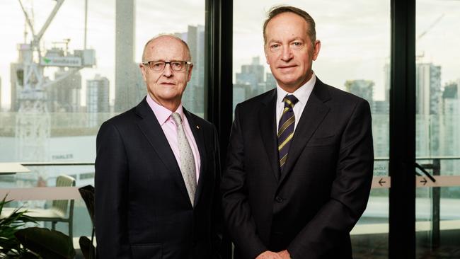 Lendlease chairman Michael Ullmer, left, with chair-elect John Gillam at their offices in Melbourne. Picture: Aaron Francis