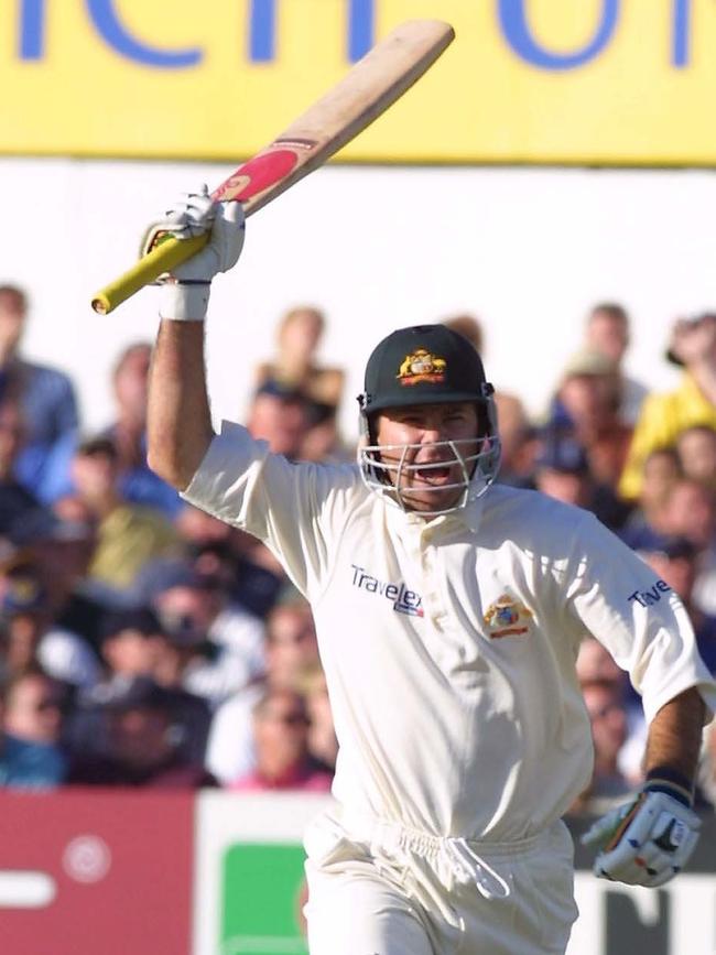 Ponting celebrates his first ever Test century, achieved in the fourth Ashes Test in England 2001.