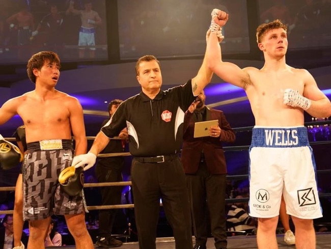 Sab Wells (right) celebrates his victory over Sadudee Srimueang (left) at The Melbourne Pavillion on June 22, 2024. Picture: Marty Camilleri